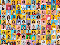 Collage of happy diverse people smiling on colorful backgrounds