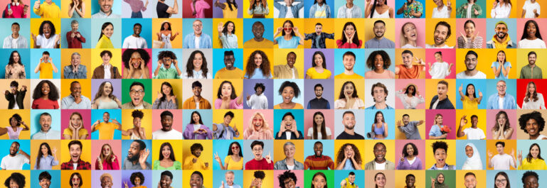 Collage of happy diverse people smiling on colorful backgrounds